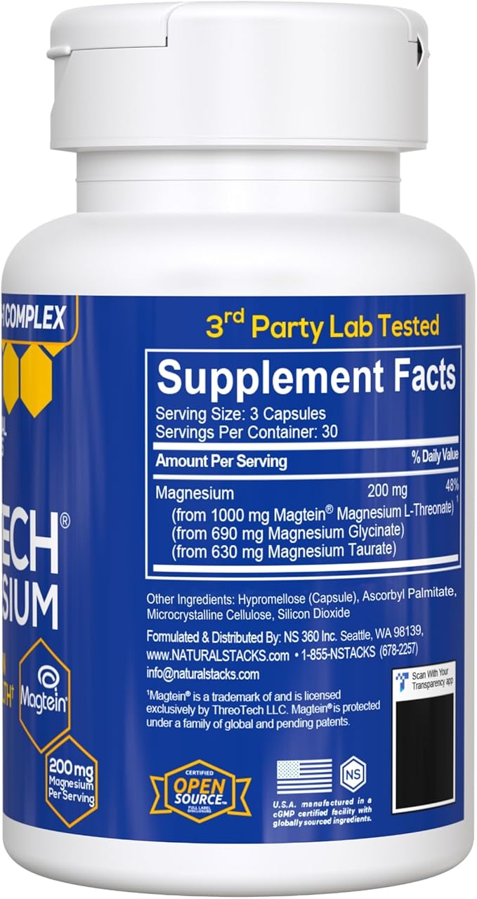 MagTech Magnesium Complex for Women &amp Men - 3 Forms of Magnesium: Glycinate Magtein L-Threonate &amp Taurate - 200mg Chelated Complex - Support for Relaxation &amp Brain Health - 90 Glycinate C