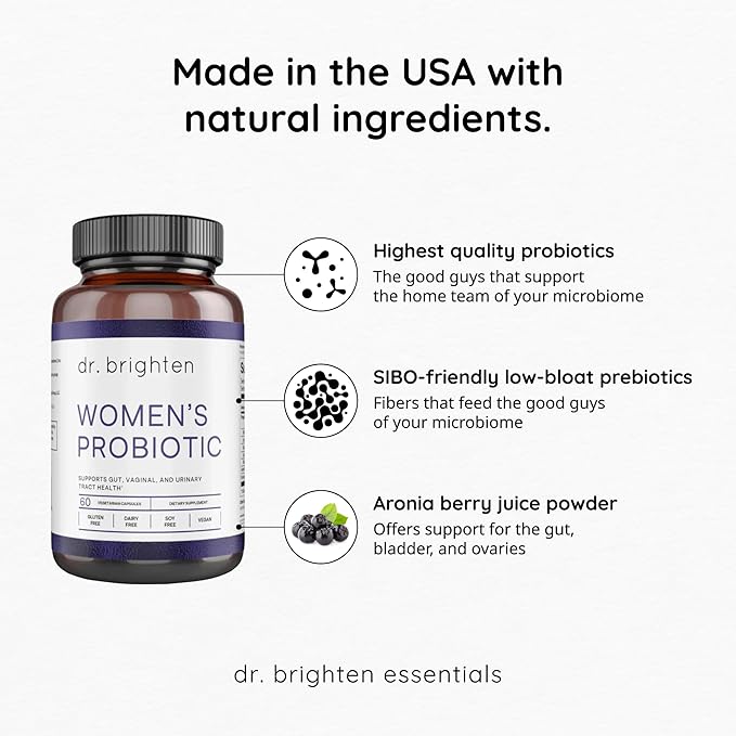 Dr. Brighten Women’s Probiotic - Probiotics Prebiotics with Antioxidants &amp Sunfiber for Healthy Hormones Balanced Female Microbiome Ovaries and Immune Health - 60 Capsules