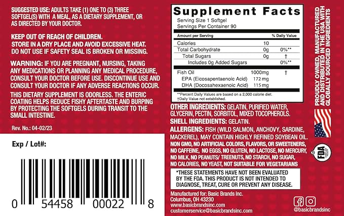 Basic Brands Smart Heart Odorless Omega-3 Fish Oil 1000mg - Triple Strength EPA &amp DHA Non-GMO Heart &amp Cognitive Support - 90 Burpless Softgels - 2-Pack
