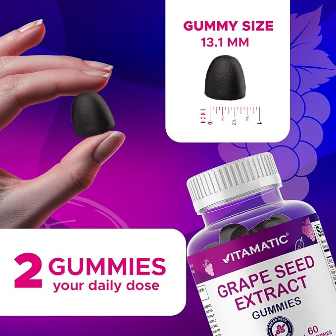 Vitamatic Grape Seed Extract Gummies – Plant-Based Botanical Extract – Natural Grape &amp Black Currant Flavor – Vegan Non-GMO – Herbal Supplement – 60 Gummies - 2 Pack