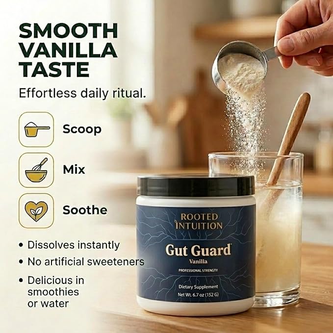 Rooted L-Glutamine Powder for Digestive Health - Leaky Gut Repair Support Digestive Wellness Formula -Stomach &amp Intestinal Balance Amino Acid Supplement for Stomach Comfort Vanilla Gut Guard 6.