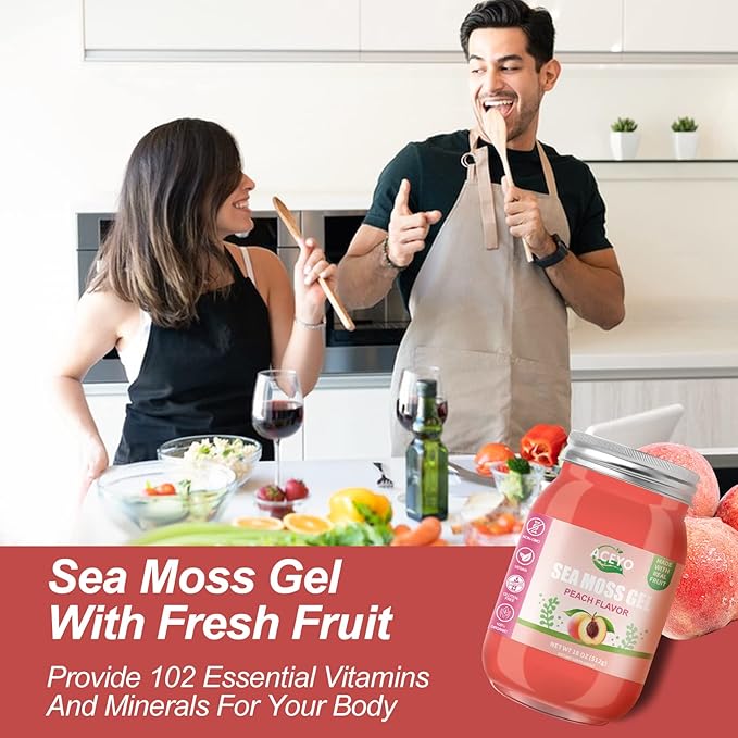 (18 OZ) Irish Sea Moss Gel Organic Raw Vegan Peach Flavor 102 Vitamins and Minerals Wild Harvested Non-GMO Immune Defense Booster Thyroid Digestive Support