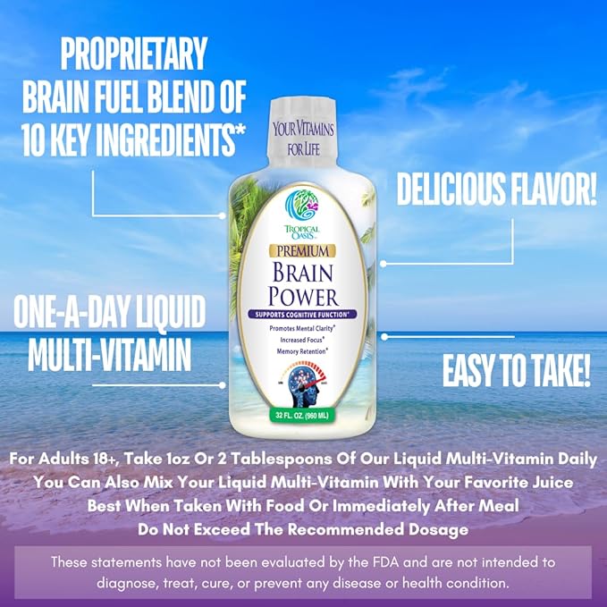 Tropical Oasis - Brain Power | Liquid Nootropic Supplement - Promotes Mental Clarity Focus and Memory Retention (Unflavored 32 Servings)