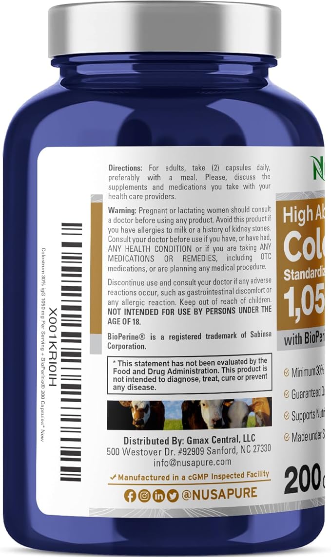 NusaPure Colostrum 1050mg 30% IgG 200 capsules (Non-GMO Soyfree) Bioperine