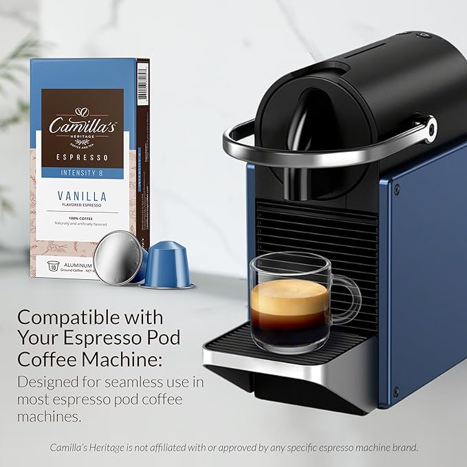 Camilla’s Heritage - Intensity 8 Vanilla Flavored Espresso Coffee Gourmet Espresso Cups 60 Coffee Pods