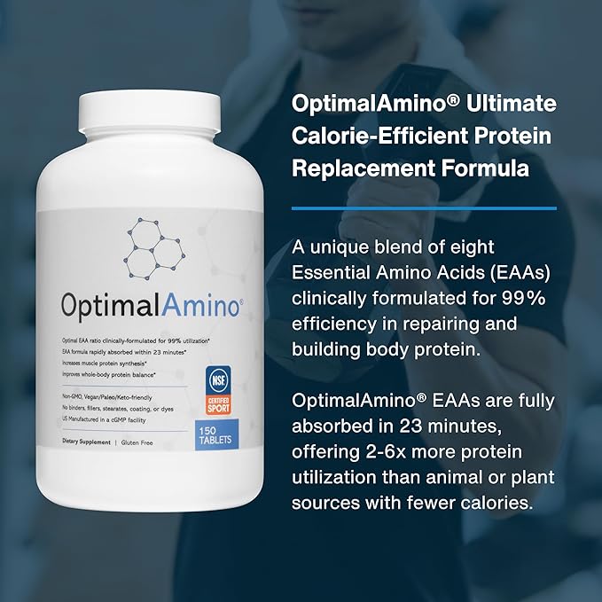 OptimalAmino Tablets (150 Count) | 99% Utilized Essential Amino Acids (EAA) Supplement Increase Muscle Recovery BCAA Protein Pre/Post Workout | NSF Certified for Sport® Certified