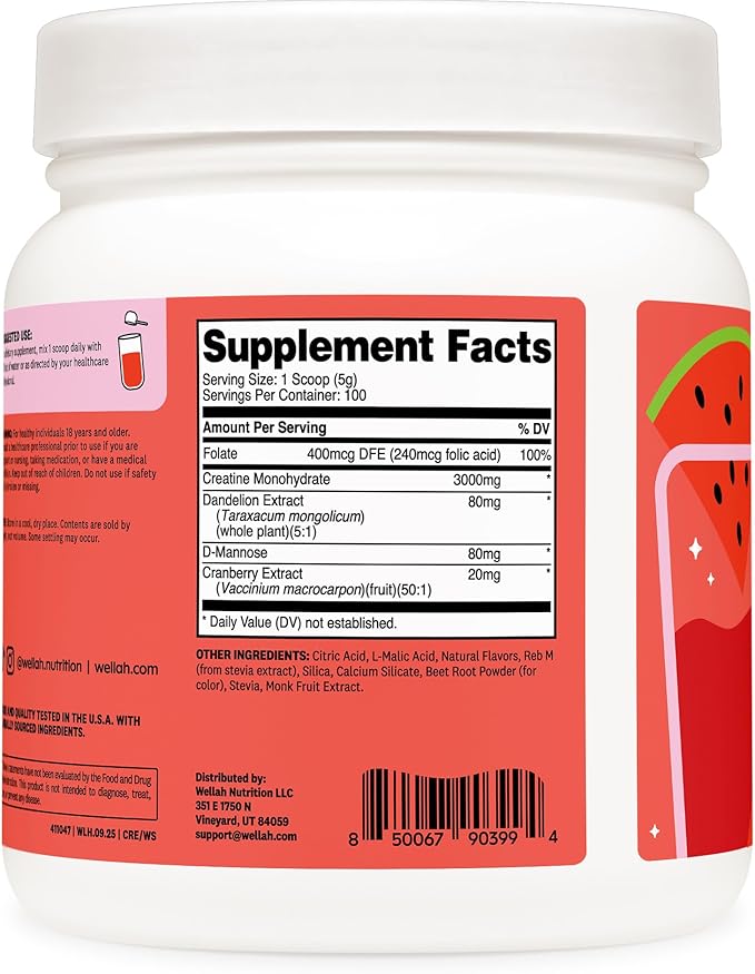 Wellah Creatine for Women (100 Servings Watermelon Slush) - Creatine Monohydrate with Dandelion &amp Cranberry Extract
