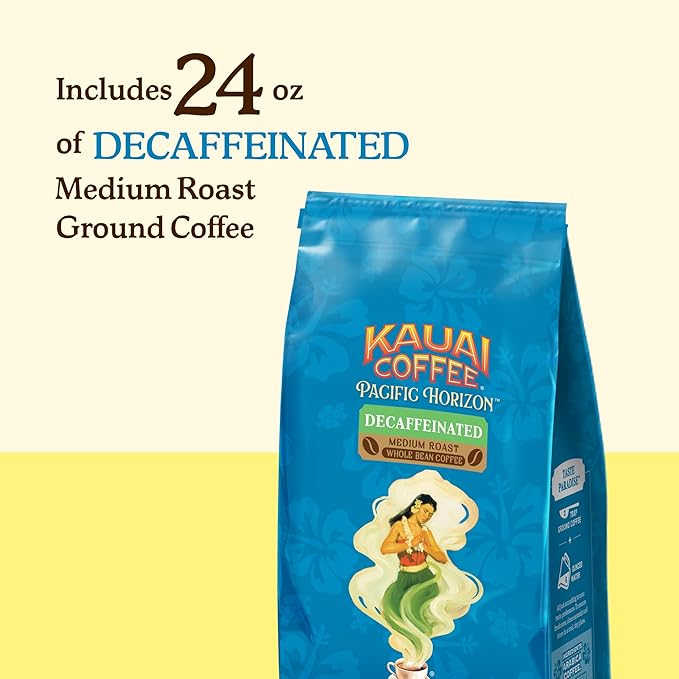 Kauai Ground Coffee Decaf Medium Roast - Arabica Ground Coffee from Hawaii's Largest Coffee Grower - Bright Aroma with Light Floral Notes - 24 Ounces