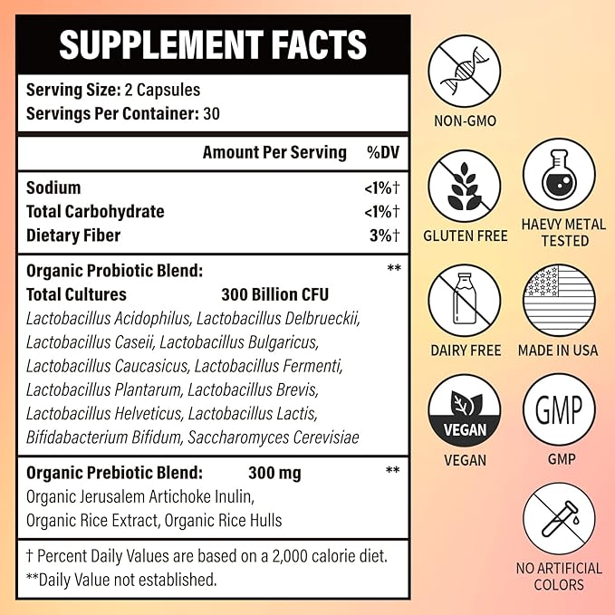 Lifeatlas 300 Billion CFU Probiotics - Probiotics for Women and Men 12 Probiotic Strains Plus Prebiotic for Immune &amp Digestive Gut Health Gas Bloating Shelf Stable - 60 Caps