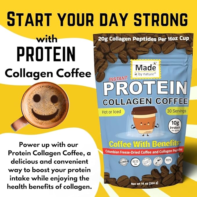 Made by Nature Collagen Protein Coffee | 30 Servings | Colombian Coffee | 10g Protein | Type 2 Collagen | Skin Joint Muscle Support | Energy Boost | Hot/Iced (30 Servings Collagen Protein Coffee)