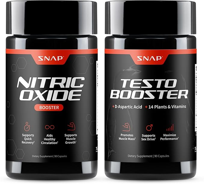 Snap Supplements Nitric Oxide Booster + Testo Booster Supplement Bundle for Men 90 Vegetarian Capsules Each