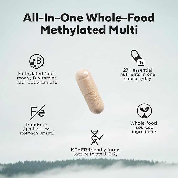 Wild Methylated Multivitamin for Women &amp Men | Daily Multi Vitamin | MTHFR Supplement Without Iron | Methylated B12 Folate Vitamin C A K2 D E Choline Biotin ALA CoQ10 &amp More (60 Caps