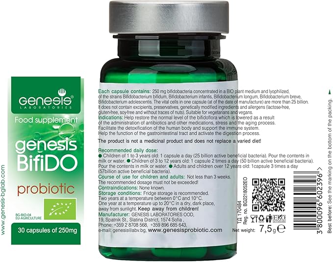 Genesis Bifido Bio Vegan Probiotic with Lactobacillus and Bifidobacterium Strains May Support Gut Helth Digestion Immune System 250 Mg per Capsule 30 caps