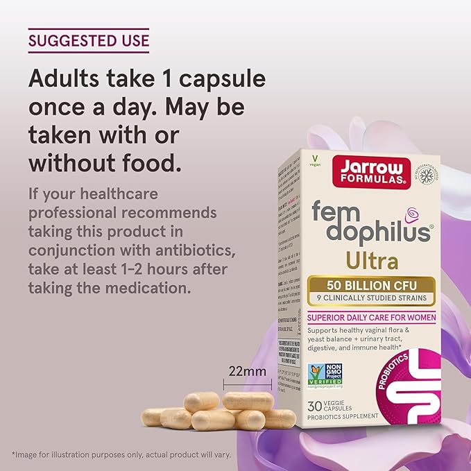 Jarrow Formulas Fem-Dophilus Vaginal &amp Digestive Probiotic 50 Billion CFU 9 Clinically-Studied Strains for Vaginal Flora &amp Yeast Balance Urinary Tract Digestive 30 Capsules (Pack of 2)