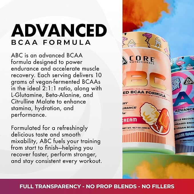 Core Nutritionals ABC Advanced BCAA Supplement | Amino Acid Recovery Blend | with Glutamine Beta Alanine Citrulline Malate | 20 Servings (Australian Gummy Snakes)