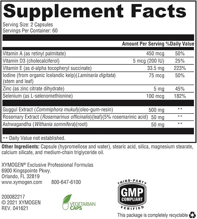 XYMOGEN MedCaps T3 - Thyroid Support Formula with Vitamins + Herbs - Selenium Zinc Vitamin E + C Ashwagandha Guggul Extract and Iodine Supplement (120 Capsules)