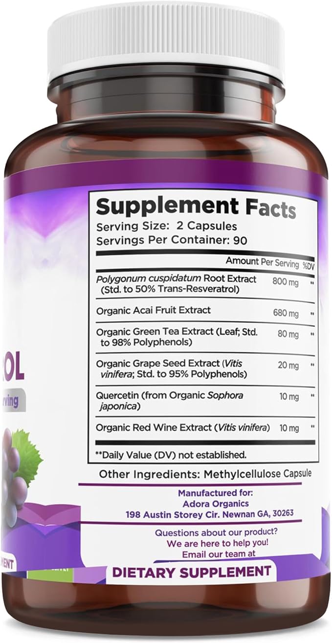 Resveratrol 1600mg - 180 Capsules | Trans-Resveratrol Antioxidant Supplement with Natural Green Tea Grape Seed Polyphenols &amp Quercetin Supports Digestive Heart Health Immune System Brain Func