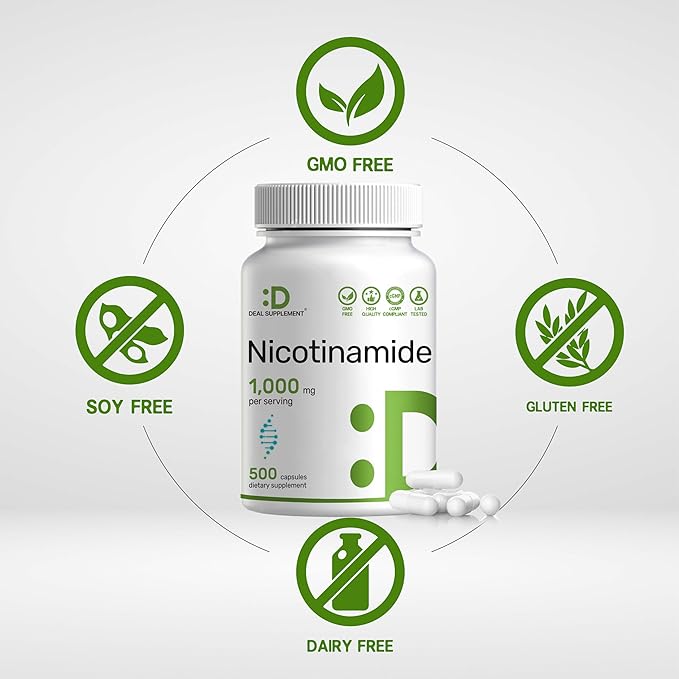 Vitamin B3 Nicotinamide 1000mg Per Serving – 500 Capsules Flush Free Niacin Essential B3 – Supports Healthy Skin &amp Energy Production – Non-GMO