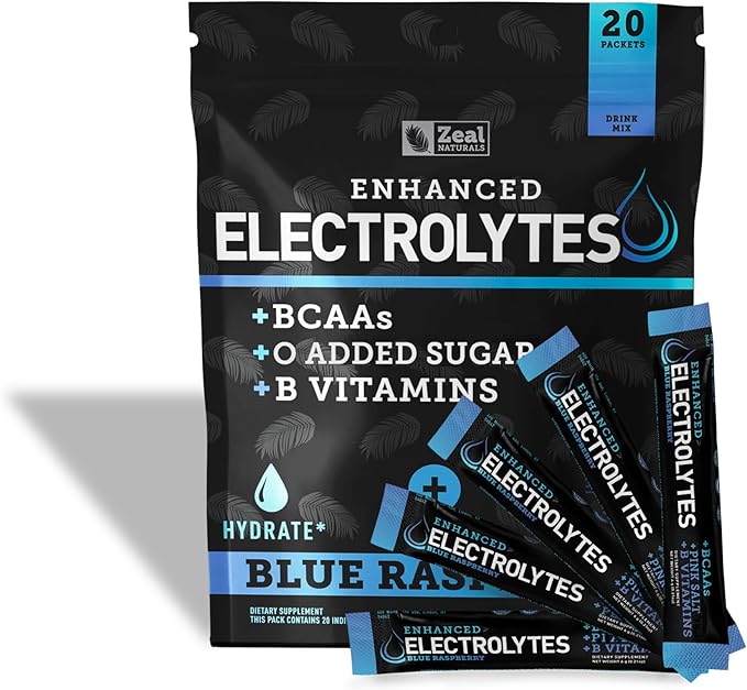 Enhanced Electrolyte Powder Stick Packs (Blue Raspberry | 20 Packets) w/ 0 Sugar +BCAAs +B-Vitamins Electrolyte Supplement w Potassium Zinc &amp Magnesium for Hydration - Keto Electrolytes