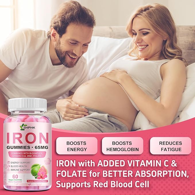 Iron Gummies for Women Men Vitamin Supplement 65mg &amp Vitamin C 250mg Per Serving with B6 B12 Folate- Energy Support for Iron Deficiency Anemia Vegan Guava Hibiscus Flavor 120 Count