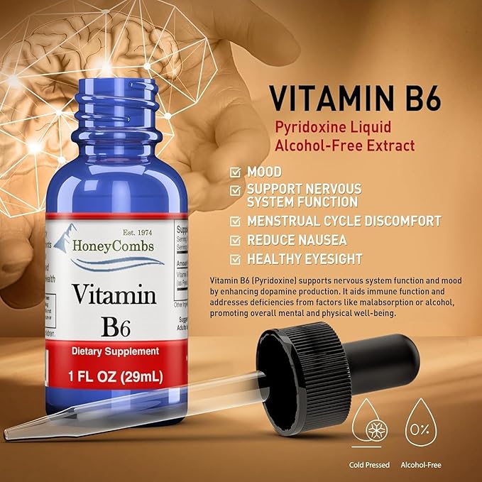 Vitamin B6 Liquid Drops 500% DV Pyridoxine B6 Supplement Alcohol Free Fast Absorbing B6 Vitamins for Energy Brain &amp Immune Support Made in the USA