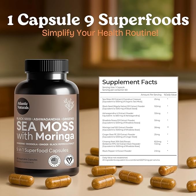 Atlantic Naturals Sea Moss Capsules – Irish Sea Moss with Black Seed Oil Ashwagandha Moringa Ginseng &amp Ginger for Energy Vitality &amp Wellness – Nutritional Supplement – Made in USA – 60 Cap