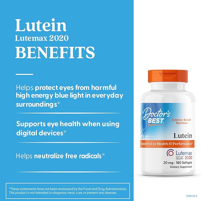 Doctor's Best Lutein Supplement 20mg with Zeaxanthin - Lutein for Eyes Eye Health Vitamins for Men &amp Women Vision and Macular Health Support Lutemax 2020 Marigold Flower Extract - 180 Softgels