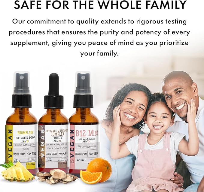 Trio Bundle - Mushroom Complex Drops B12 Mist &amp Bromelain Spray - Non-GMO Gluten-Free Sugar-Free Easy Absorption Multivitamins for Kids &amp Adults - 2 Fl Oz 420 Day Supply