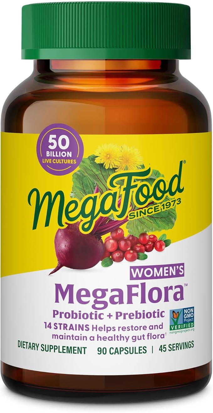MegaFood MegaFlora Probiotics and Prebiotics for Women with 14 Strains &amp 50 Billion CFUs Cranberry Digestive Health Vegetarian Prebiotics and Probiotics for Women - 90 Capsules (45 Servings)
