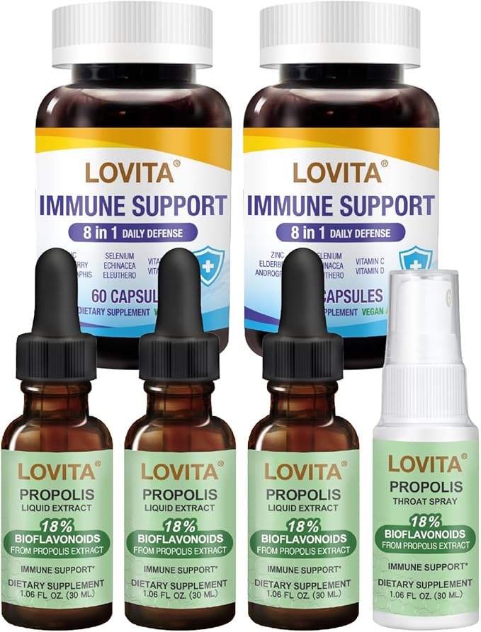 LOVITA Daily Wellness Bundle - 3 Propolis Drops 1 Throat Spray &amp 2 Immune 8-in-1 Capsules Zinc Vitamin C &amp Propolis Extract (6 Pc Set)