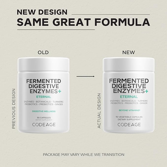 Codeage Fermented Digestive Enzymes Supplement 3-Month Supply - 14 Digestive Enzymes Probiotics Prebiotics Fermented Botanicals Plant-Based Multi Pancreatic Enzymes - 1 Capsule a Day - 90 Capsules