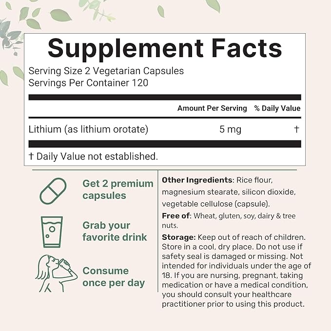 Micro Ingredients Lithium Orotate 5mg 240 Vegetarian Capsules | 5mg Per Serving | Elemental Lithium Trace Mineral | Stable Low-Dose Orotate Form | Non-GMO Filler Free
