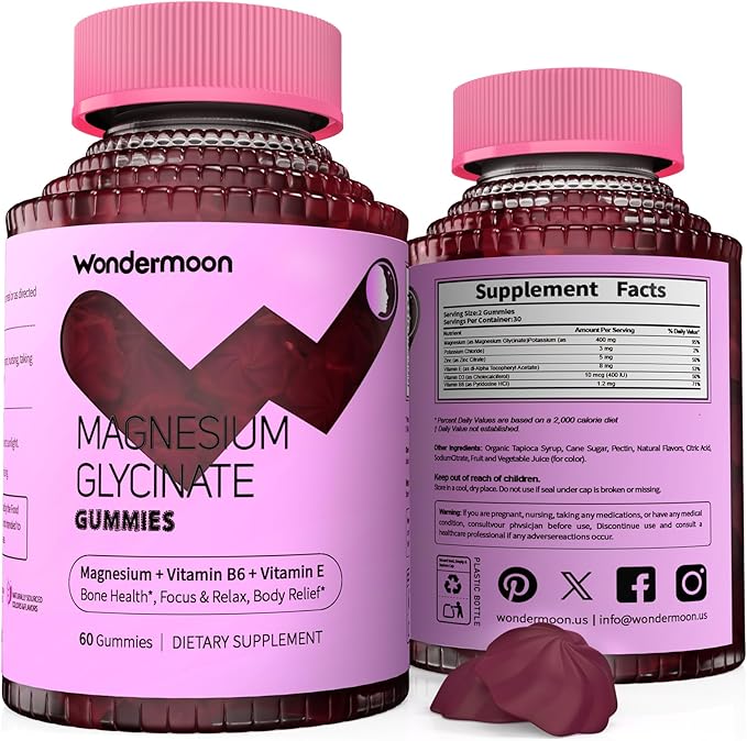 Wondermoon Magnesium Glycinate Gummies for Women with Vitamin D3 B6 Vitamin E Zinc &amp Potassium Blueberry Flavor 60 Gummies