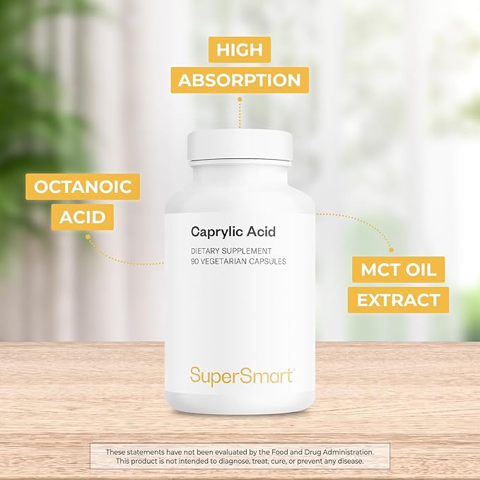 Supersmart Caprylic Acid Supplement 1350mg per Day (from MCT Oil) - Medium-Chain Triglycerides Saturated Fatty Acid - Octanoic Acid | No-GMO &amp Gluten Free - 90 Vegetarian Capsules