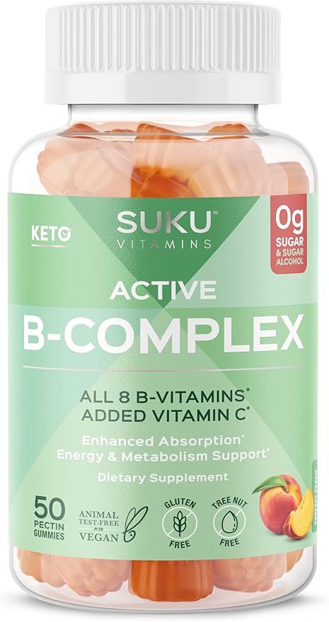 SUKU Vitamin B Complex Gummies with Vitamin C – Sugar Free Vegan 8 B Vitamins Complex Gummy Supplement Increases Cell Development Improves Metabolism &amp Collagen Formation Peach Flavour (50 Gummi