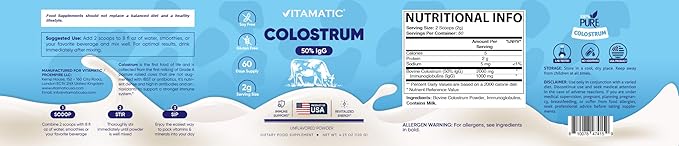 Vitamatic Bovine Colostrum Powder - 50% Highest IgG -120 Gram - Supplement for Gut Health Hair Growth Beauty Muscle Recovery &amp Immune Support - Easy to Mix - Unflavored - 60 Servings