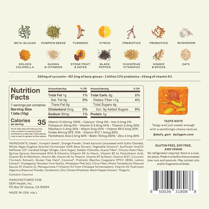 GEM Daily Bite for Women &amp Men with 20+ Vitamins Minerals &amp Superfoods Like Zinc Vitamin D B-Complex K Turmeric Fiber &amp Prebiotics Beta Glucan GLP-1 Support &amp Immunity (Citrus