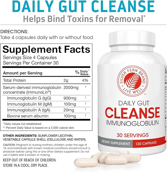 Silver Fern Cleanse - Daily Gut - 1 Bottle - 120 Capsules - 30 Day Supply - Immunoglobulin G A &amp M -(IgG IGA IgM) - Postbiotic