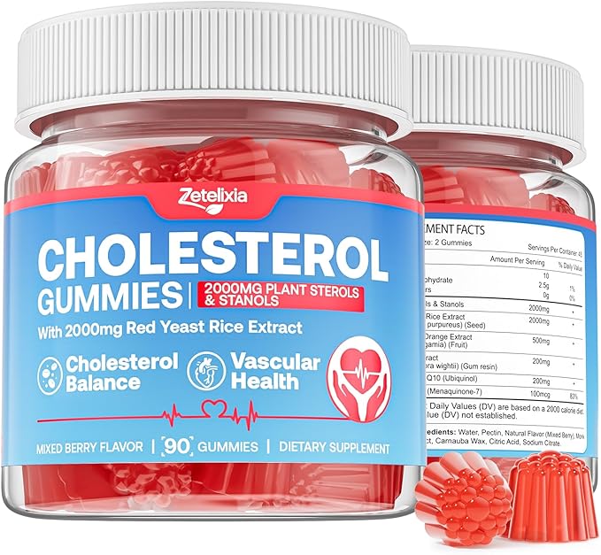 Cholesterol Gummies Cholesterol Supplements with 2000mg Plant Sterols &amp Stanols Red Yeast Rice 500mg Bergamot Orange Support Healthy Cholesterol Levels for Women &amp Men Mixed Berry Flavor