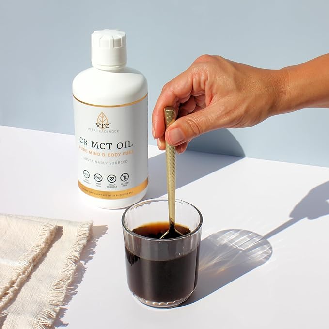 VTC VitaTradingCo. 100% Pure C8 MCT Oil | 3X Distilled Caprylic Acid | Healthy Fat for Clean Energy | Sustainably Sourced | Non-GMO Paleo Keto | 32oz 64 Servings (Unflavored)