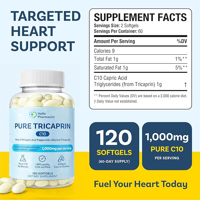 HelloPharmacist 100% Pure Tricaprin C10 - Capric Acid Triglycerides (Glycerol Tricaprate) - Advanced Cardiovascular Heart &amp Cellular Energy Support - 120 Softgels - Made in the USA