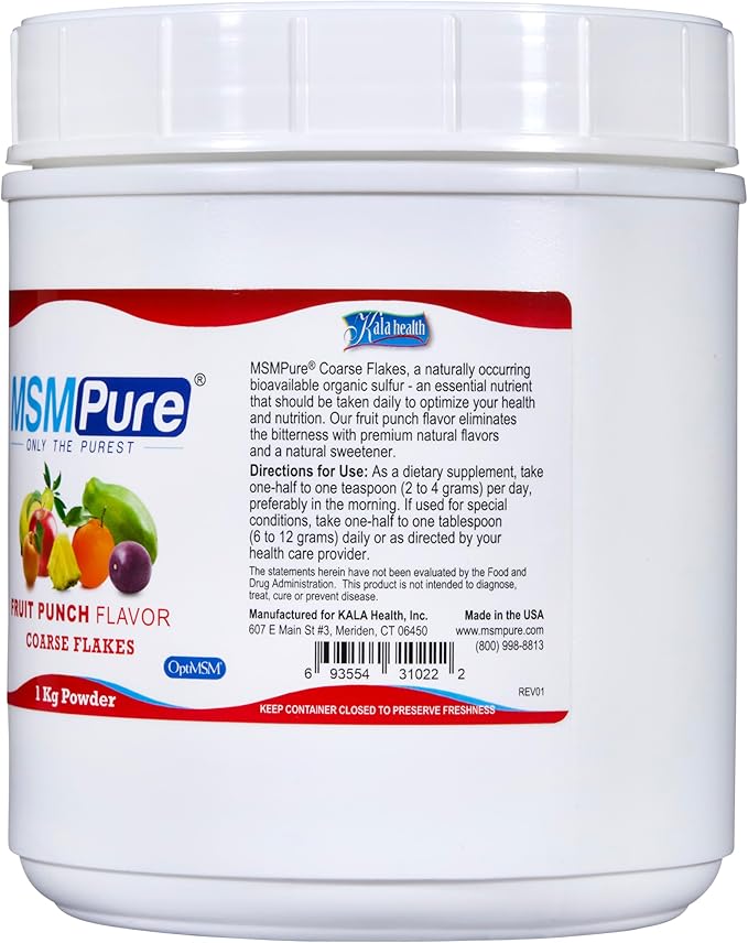 KALA HEALTH MSMPure Fruit Punch Flavored Coarse MSM Powder Flakes – US-Made MSM for Joint Health Skin Appearance and Hair &amp Nail Support – 2.2 lb Organic Sulfur
