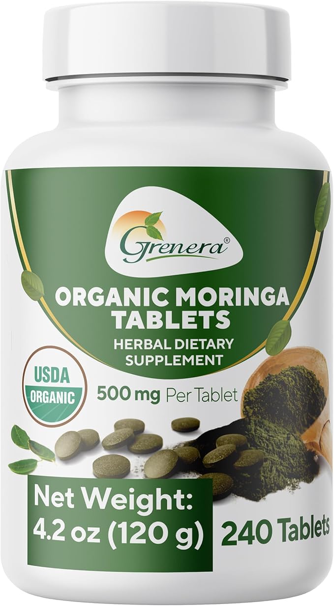 Grenera Organic Moringa Tablets 240 nos Uncoated USDA Organic Certified Malunggay Herbal Supplement No Chemical Coating Green Superfood Lab Tested for Purity
