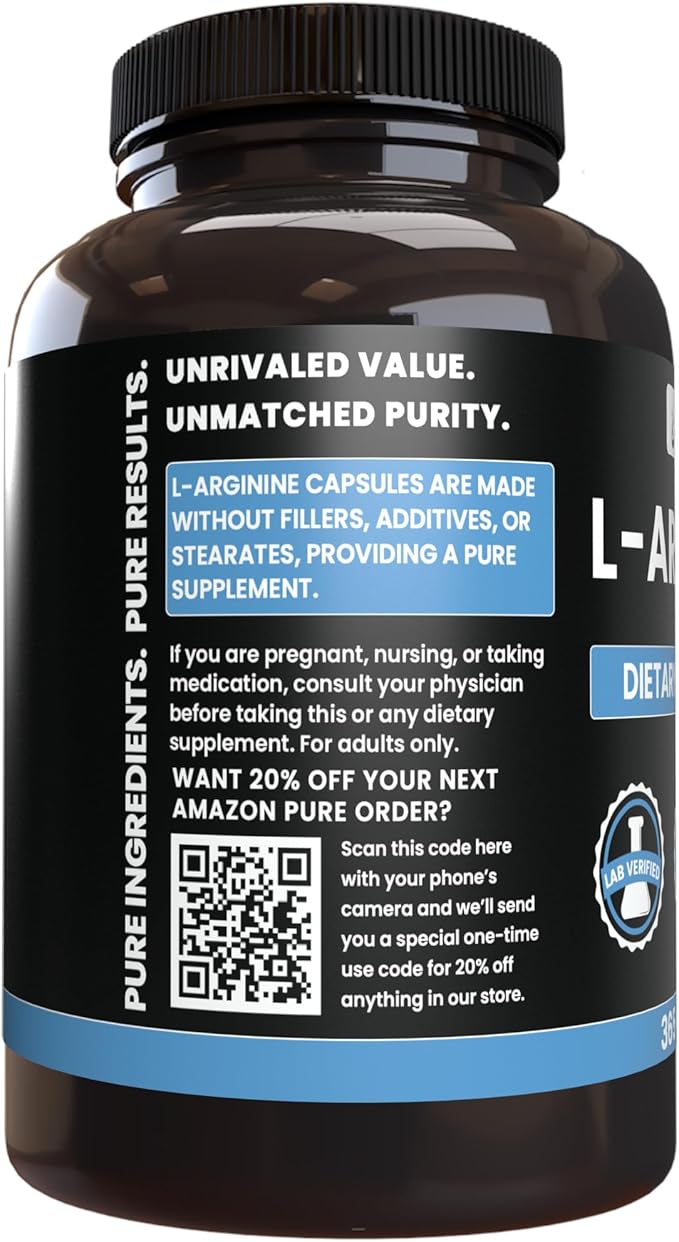 Pure Original Ingredients L-Arginine (365 Capsules) No Magnesium Or Rice Fillers Always Pure Lab Verified