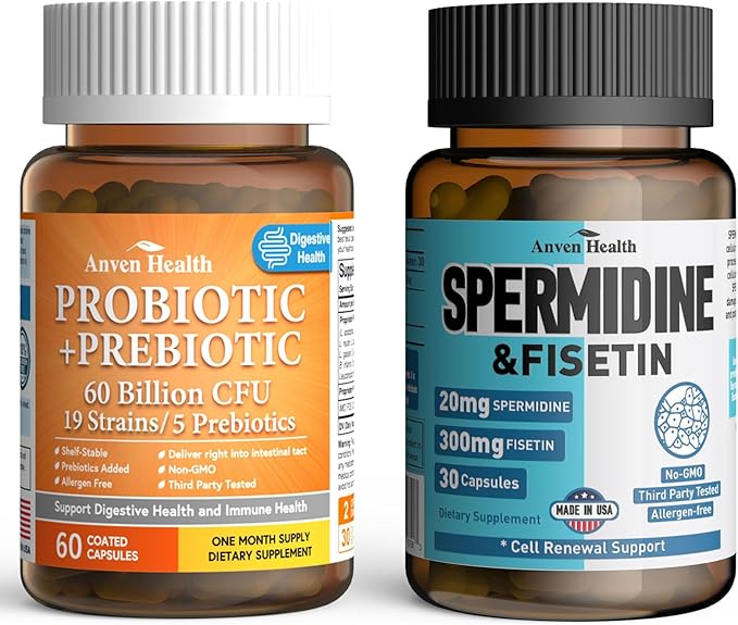 Spermidine &amp Probiotics - 60 Billion CFU for Gut Health Longevity Cell Renewal &amp Immune Support 20mg 98% Spermidine &amp 300mg Fisetin