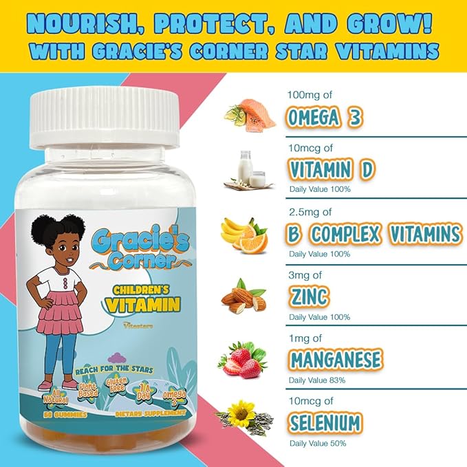 Gracie’s Corner Stars Kids Multivitamin Gummies with Omega 3 - Children’s Vitamins A B C D - Star-Shaped Toddler Multivitamins Plant-Based Gluten-Free Kids Gummy Vitamins 60 Count