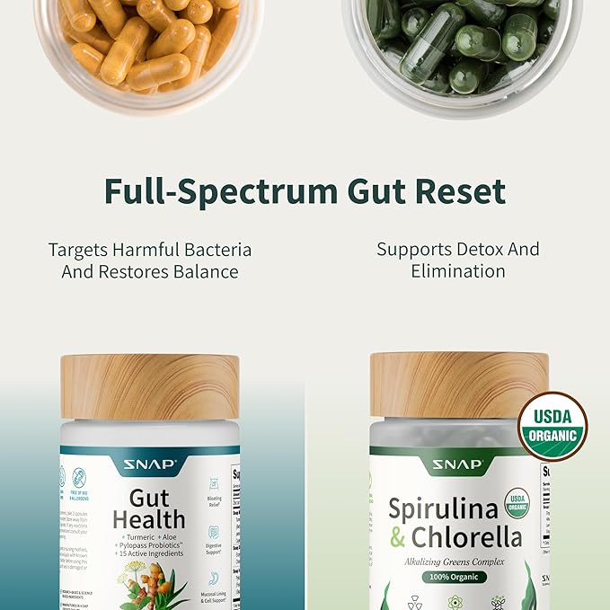 Snap Supplements Gut Health Lipase Supplement &amp Organic Spirulina Chlorella Bundle–Probiotic + Greens–Supports Digestion Detox Energy &amp Immune Health 50 + 120 Vegetarian Capsules (1 Month S