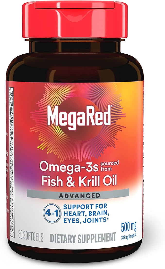 Megared Omega-3 Fish Oil + High Absorption Krill Oil 500mg Softgels MegaRed Advanced 4in1 (80 count in a bottle) Concentrated Omega-3 Fish &amp Krill Oil Supplement