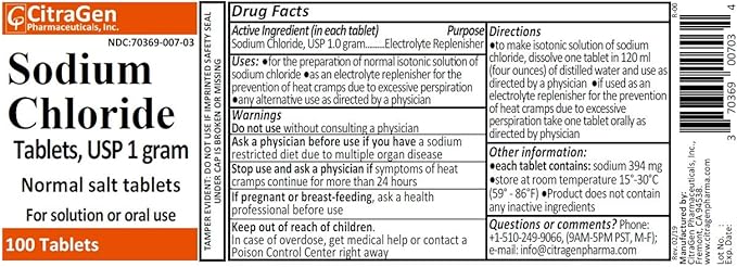 Sodium Chloride Tablets 1 Gm USP Normal Salt Tablets - 100 Tablets (Pack of 3) by CitraGen Pharmaceuticals Inc.