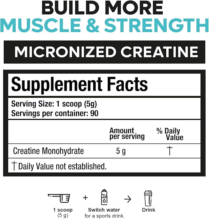 Creatine Monohydrate Micronized Powder 450g 90 Servings 5000mg Per Serv (5g) Unflavored Vegan and Keto Friendly